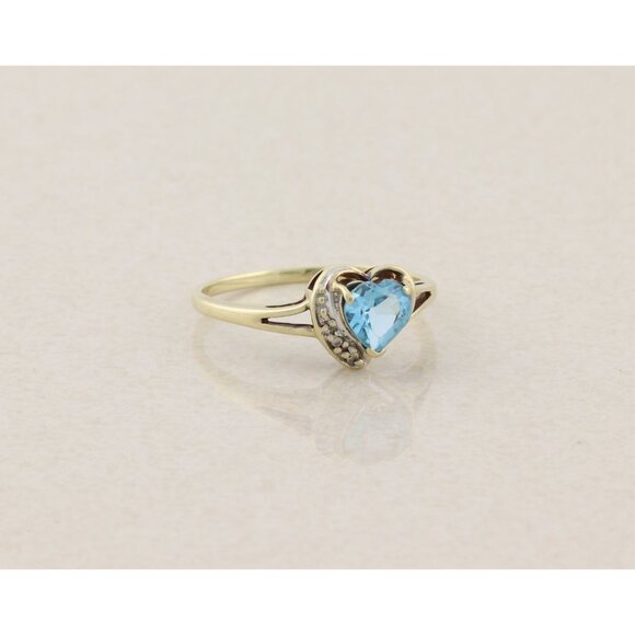 10k Yellow Gold Natural Swiss Blue Topaz & Diamond Heart Ring Size 8 1/4 - Picture 3 of 7